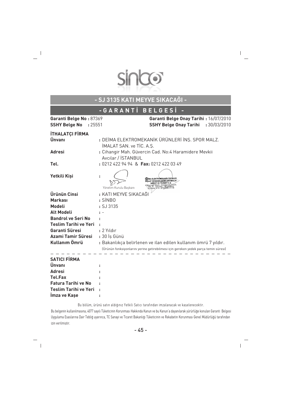 SINBO SJ 3135 User Manual | Page 46 / 48