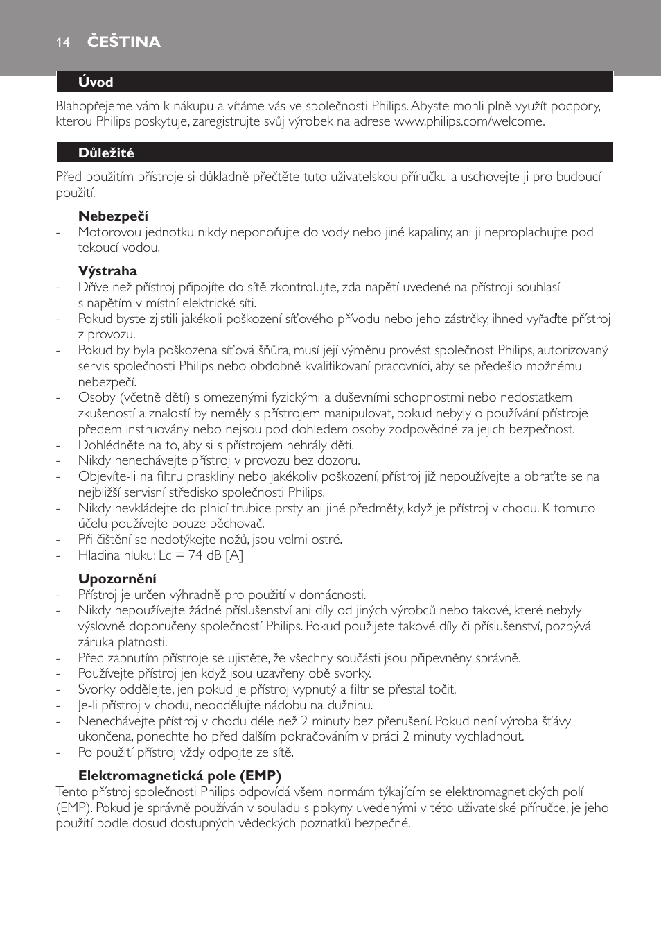Čeština, Úvod, Důležité | Nebezpečí, Výstraha, Upozornění, Elektromagnetická pole (emp), Všeobecný popis (obr. 1) | Philips HR1821 User Manual | Page 14 / 72