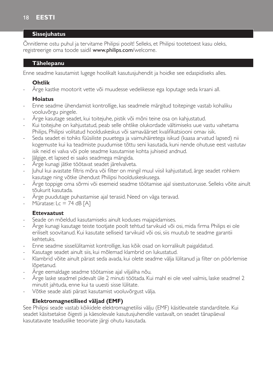 Eesti, Sissejuhatus, Tähelepanu | Ohtlik, Hoiatus, Ettevaatust, Elektromagnetilised väljad (emf), Üldine kirjeldus (jn 1) | Philips HR1821 User Manual | Page 18 / 72