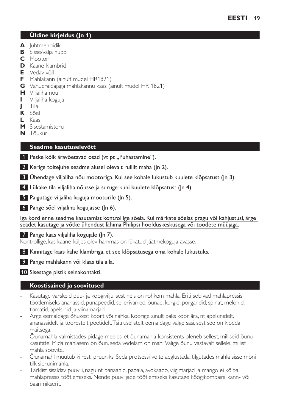 Seadme kasutuselevõtt, Koostisained ja soovitused | Philips HR1821 User Manual | Page 19 / 72