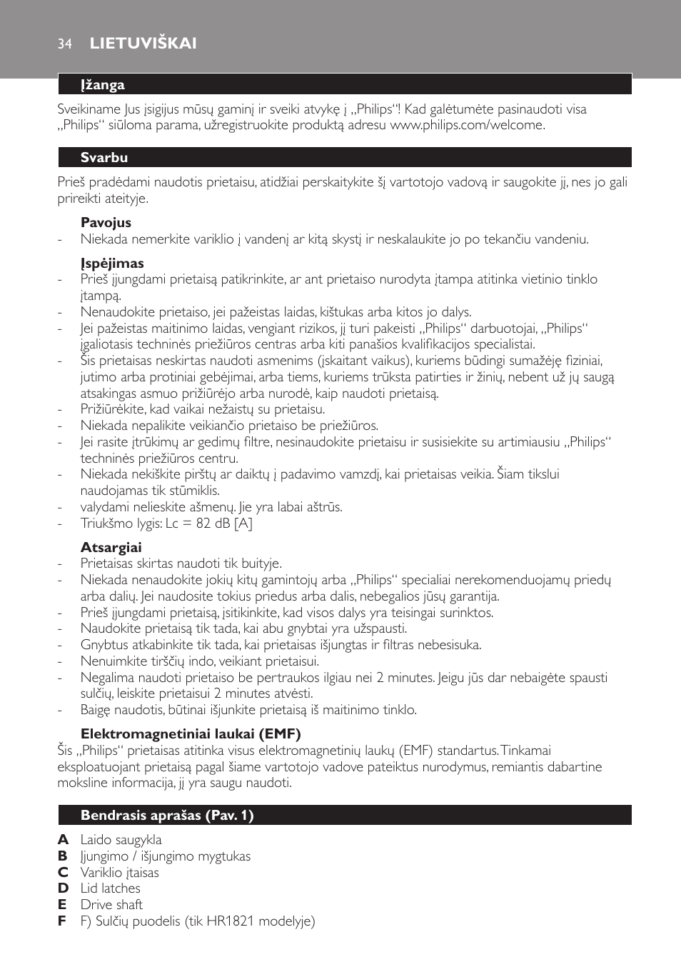 Lietuviškai, Įžanga, Svarbu | Pavojus, Įspėjimas, Atsargiai, Elektromagnetiniai laukai (emf), Bendrasis aprašas (pav. 1) | Philips HR1821 User Manual | Page 34 / 72