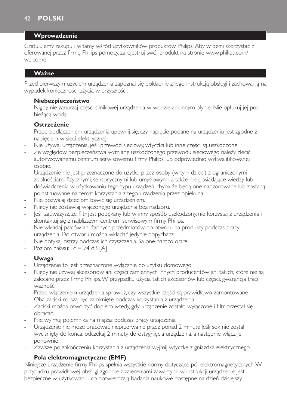 Polski, Wprowadzenie, Ważne | Niebezpieczeństwo, Ostrzeżenie, Uwaga, Pola elektromagnetyczne (emf) | Philips HR1821 User Manual | Page 42 / 72