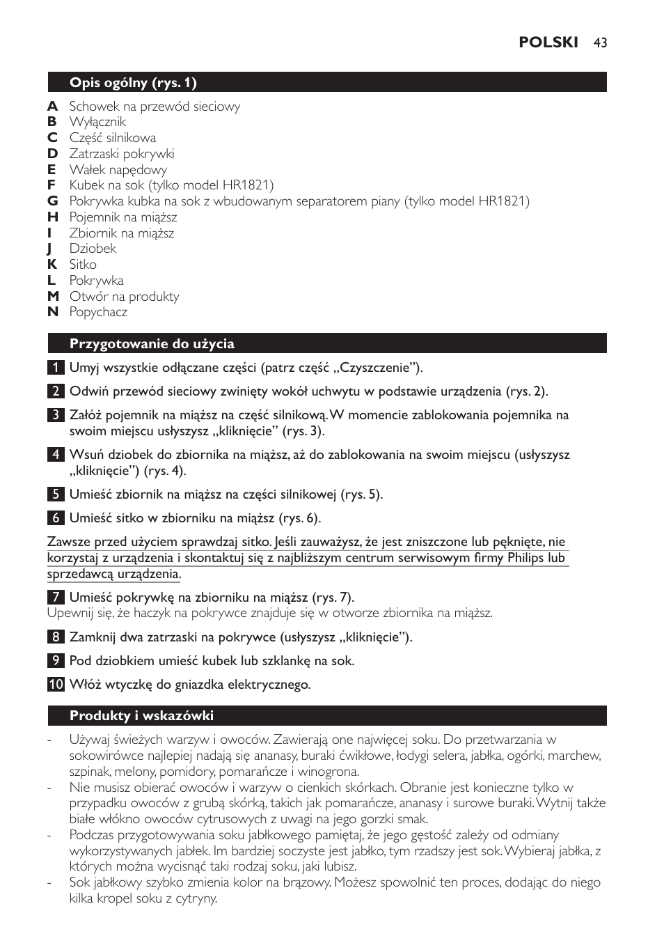 Opis ogólny (rys. 1), Przygotowanie do użycia, Produkty i wskazówki | Philips HR1821 User Manual | Page 43 / 72