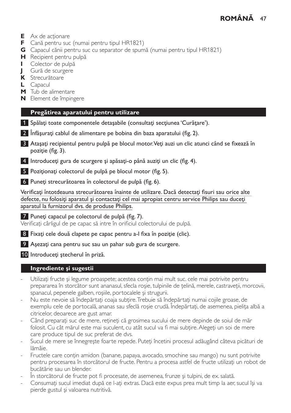 Pregătirea aparatului pentru utilizare, Ingrediente şi sugestii | Philips HR1821 User Manual | Page 47 / 72