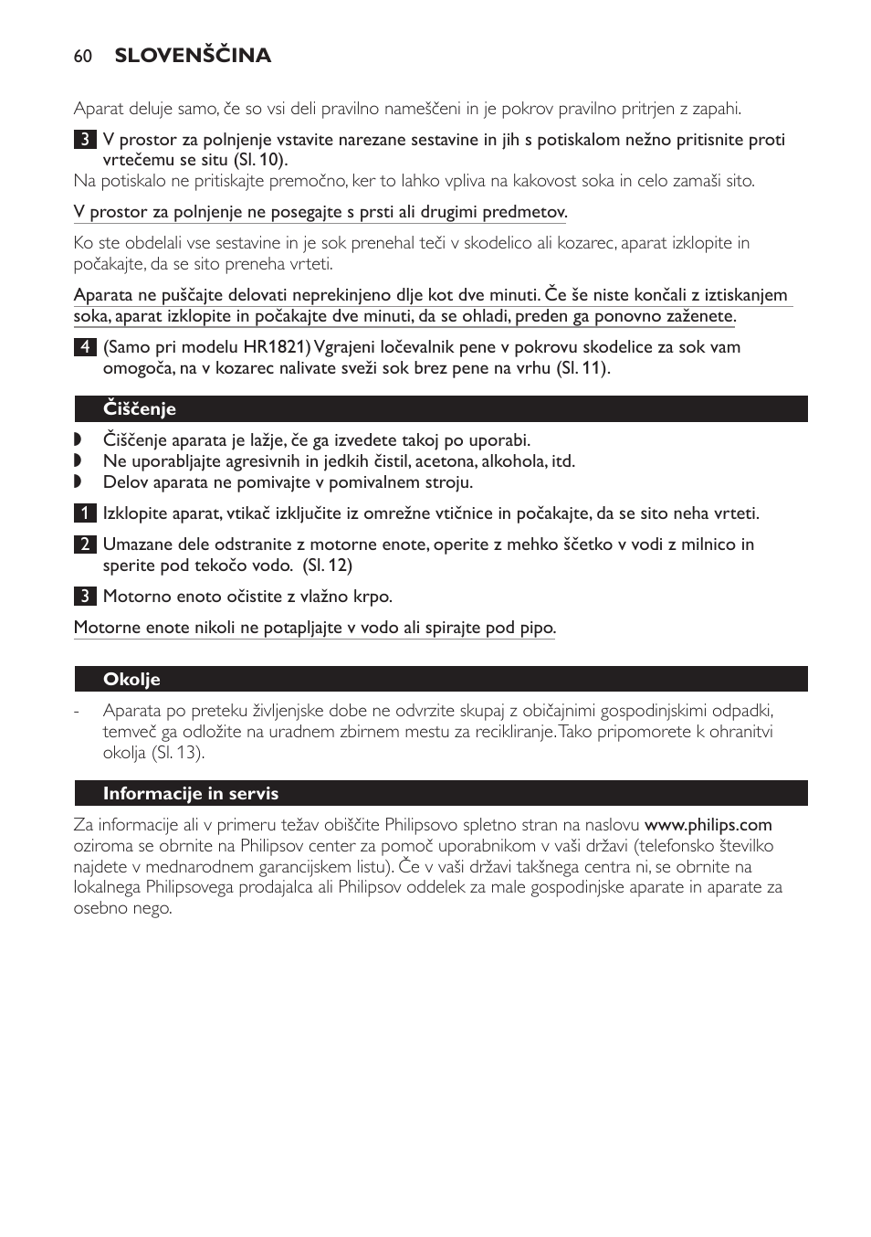 Čiščenje, Okolje, Informacije in servis | Navodila za odpravljanje težav | Philips HR1821 User Manual | Page 60 / 72