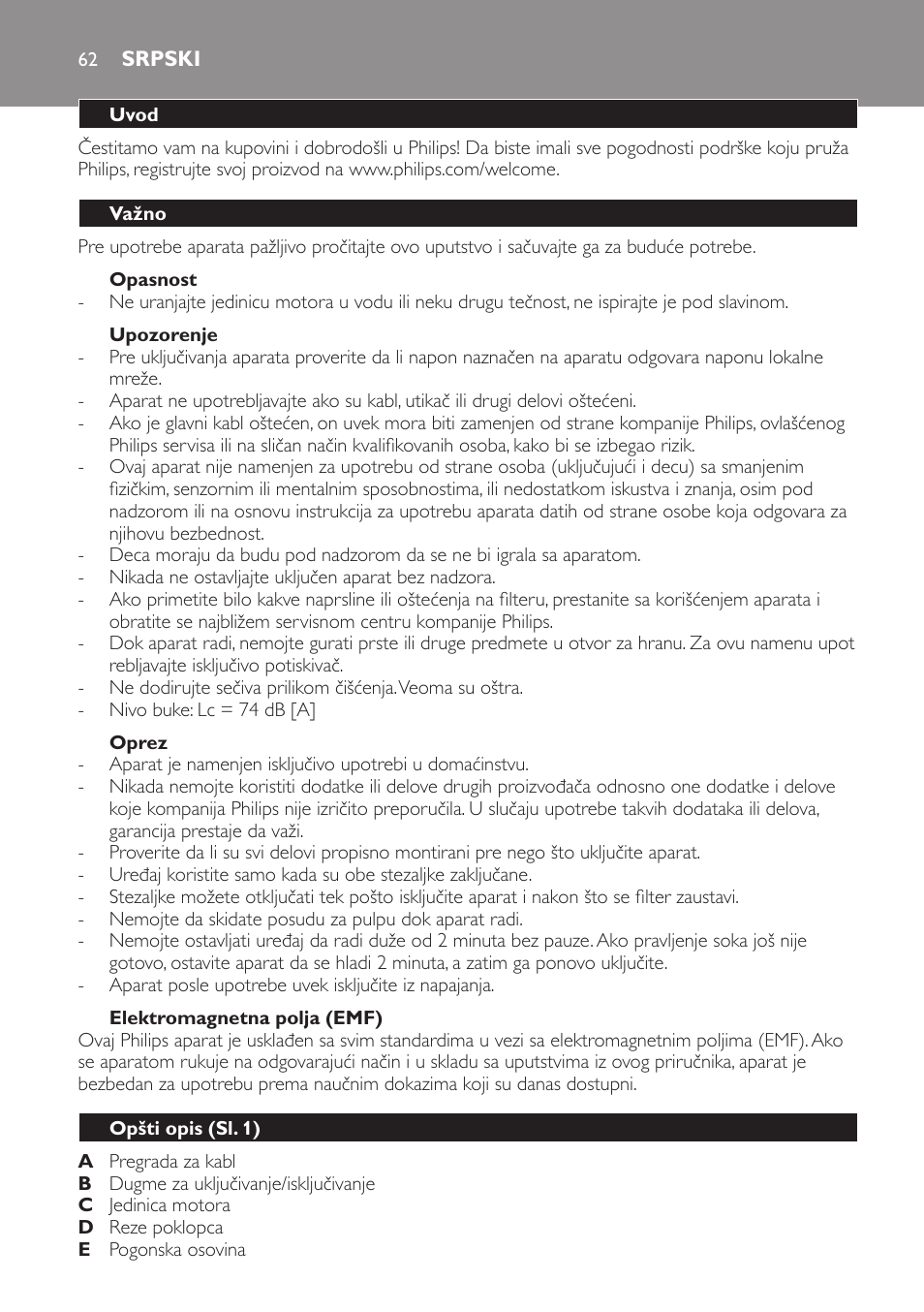 Srpski, Uvod, Važno | Opasnost, Upozorenje, Oprez, Elektromagnetna polja (emf), Opšti opis (sl. 1) | Philips HR1821 User Manual | Page 62 / 72