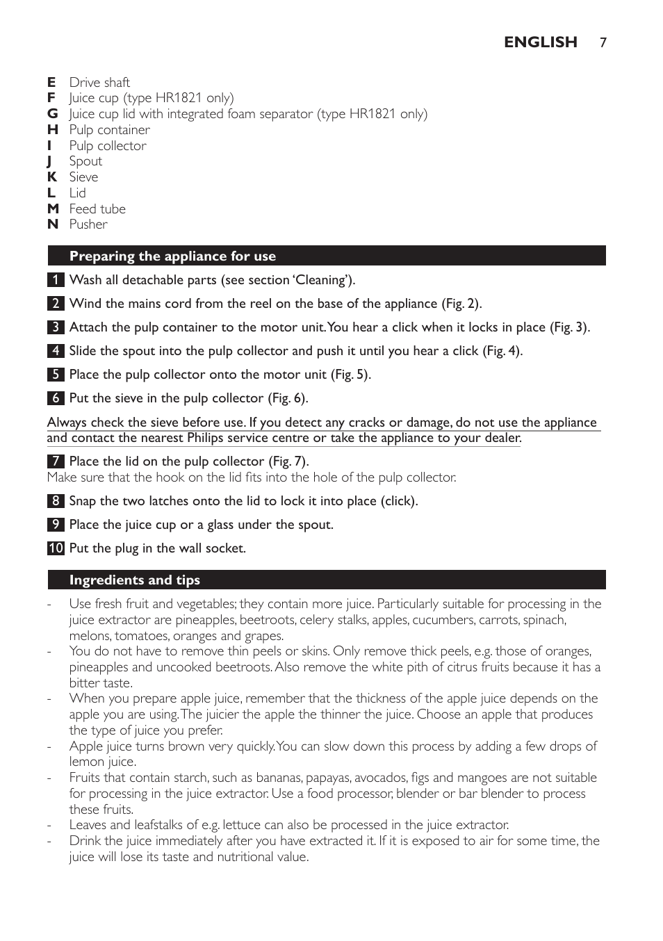 Preparing the appliance for use, Ingredients and tips | Philips HR1821 User Manual | Page 7 / 72