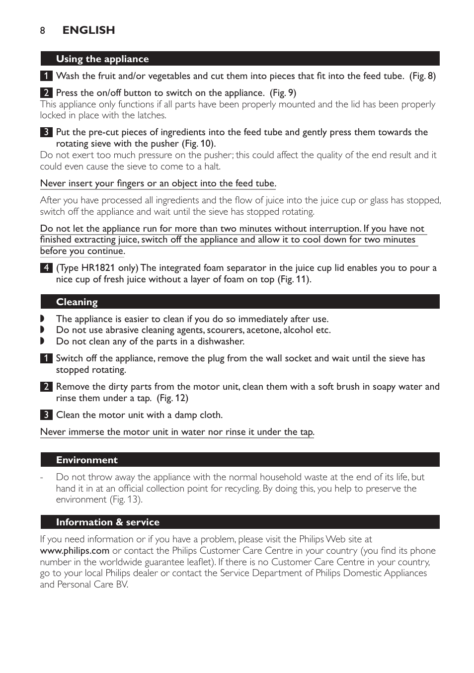 Using the appliance, Cleaning, Environment | Information & service, Troubleshooting guide | Philips HR1821 User Manual | Page 8 / 72