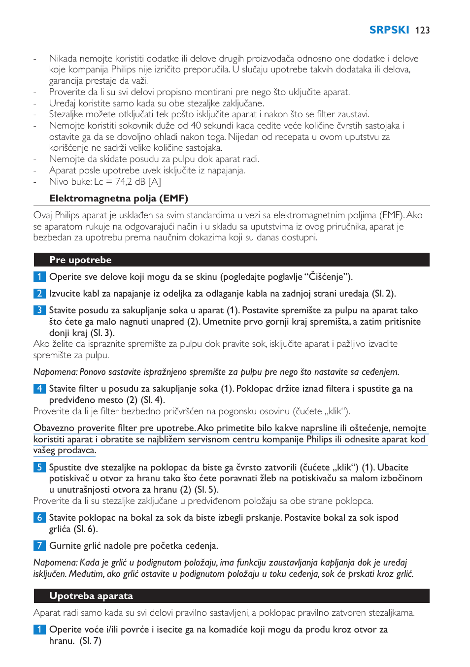 Elektromagnetna polja (emf), Pre upotrebe, Upotreba aparata | Philips HR1865 User Manual | Page 123 / 144