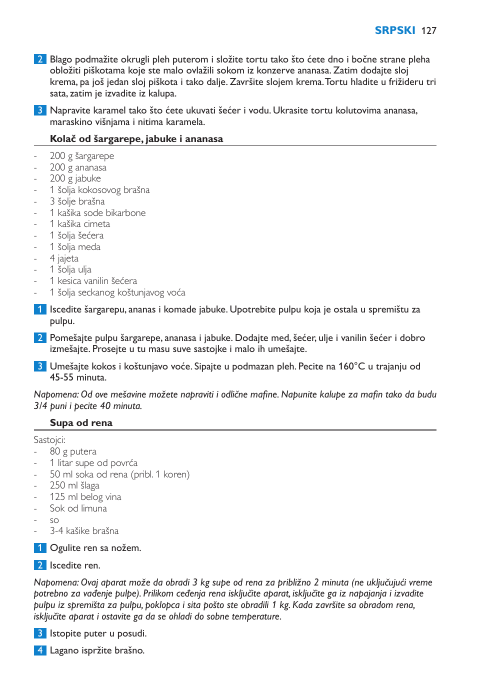 Kolač od šargarepe, jabuke i ananasa, Supa od rena | Philips HR1865 User Manual | Page 127 / 144