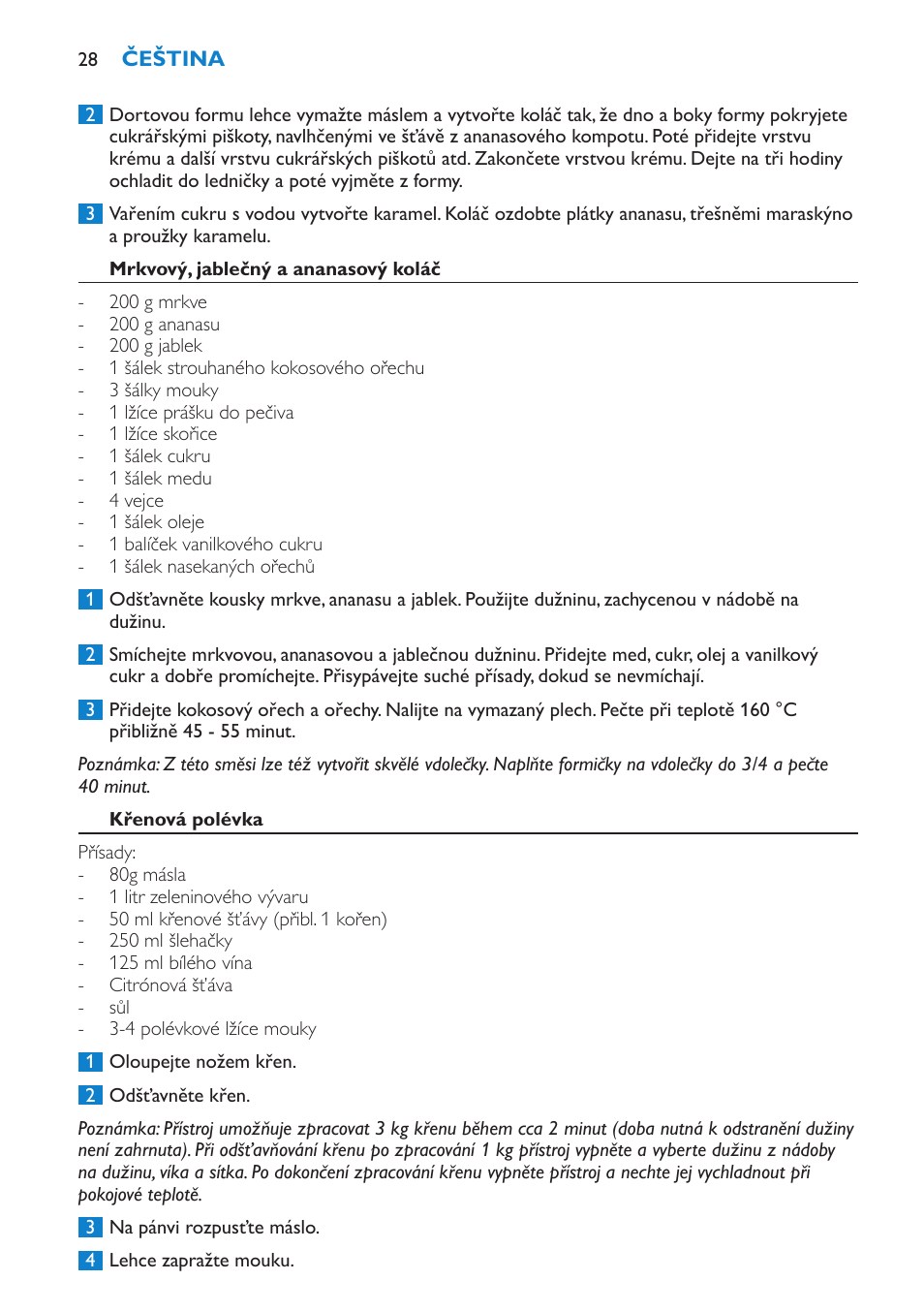 Mrkvový, jablečný a ananasový koláč, Křenová polévka | Philips HR1865 User Manual | Page 28 / 144