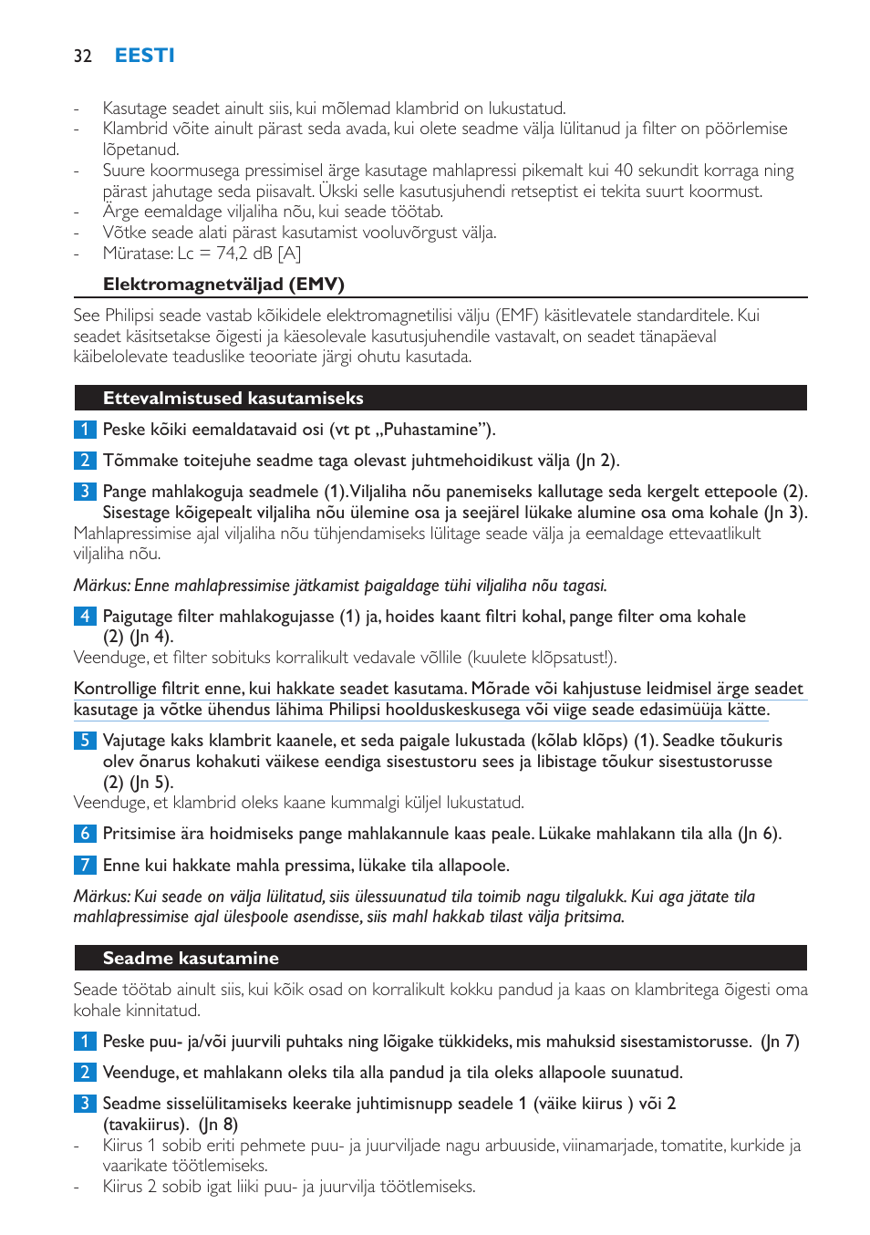 Elektromagnetväljad (emv), Ettevalmistused kasutamiseks, Seadme kasutamine | Philips HR1865 User Manual | Page 32 / 144