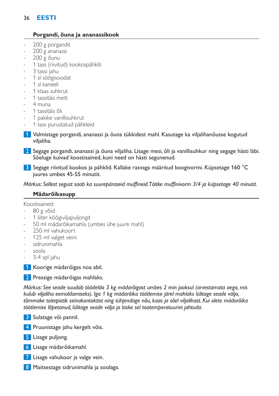 Porgandi, õuna ja ananassikook, Mädarõikasupp | Philips HR1865 User Manual | Page 36 / 144