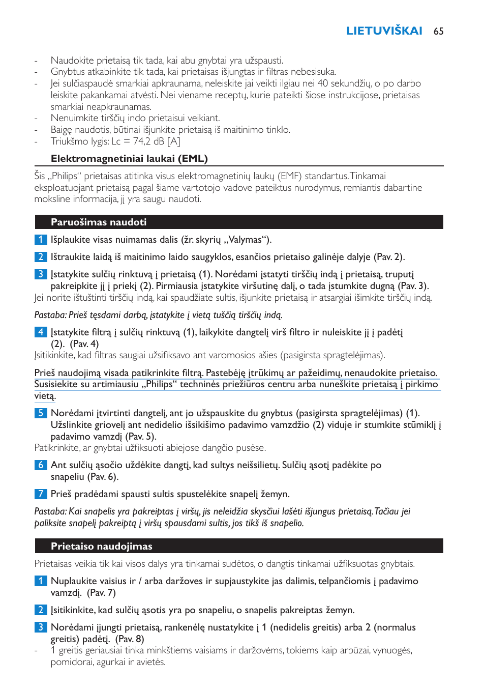 Elektromagnetiniai laukai (eml), Paruošimas naudoti, Prietaiso naudojimas | Philips HR1865 User Manual | Page 65 / 144