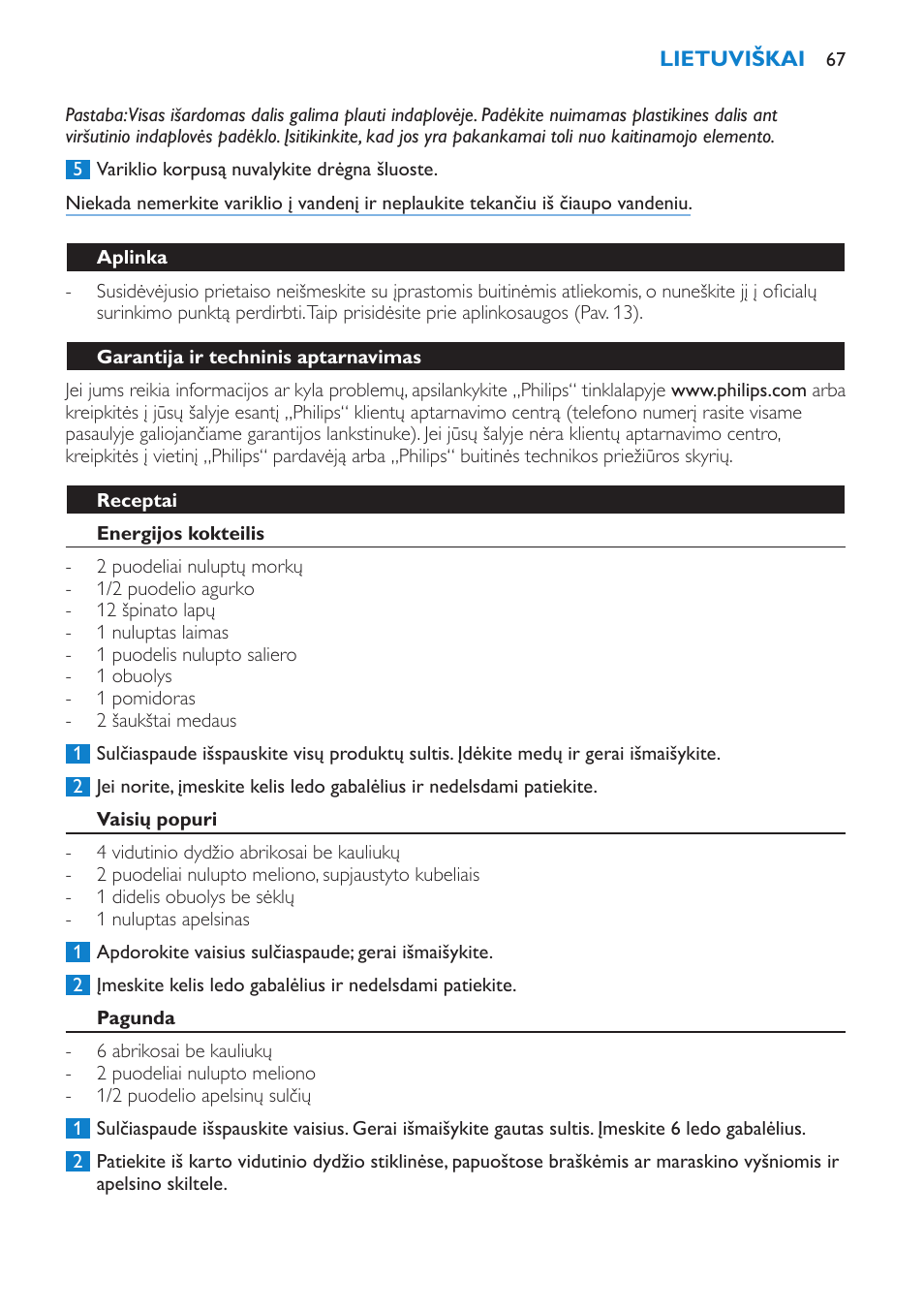 Aplinka, Garantija ir techninis aptarnavimas, Receptai | Energijos kokteilis, Vaisių popuri, Pagunda, Rausvas debesis | Philips HR1865 User Manual | Page 67 / 144