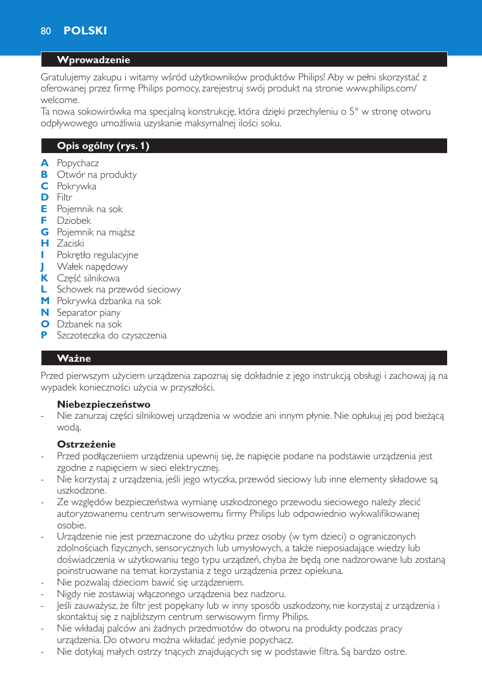 Niebezpieczeństwo, Ostrzeżenie, Polski | Wprowadzenie, Opis ogólny (rys. 1), Ważne | Philips HR1865 User Manual | Page 80 / 144