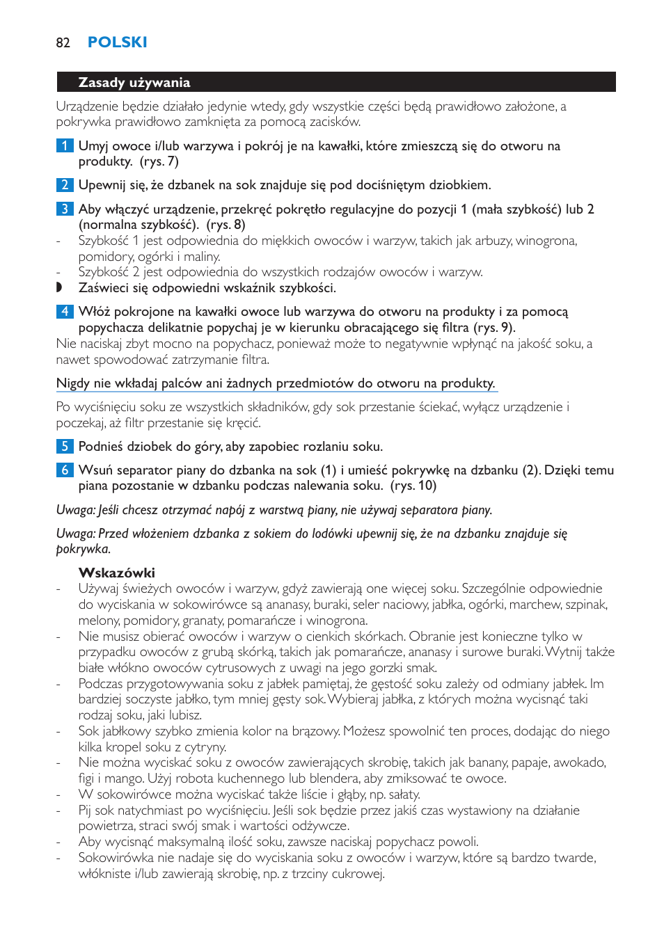 Wskazówki, Zasady używania | Philips HR1865 User Manual | Page 82 / 144