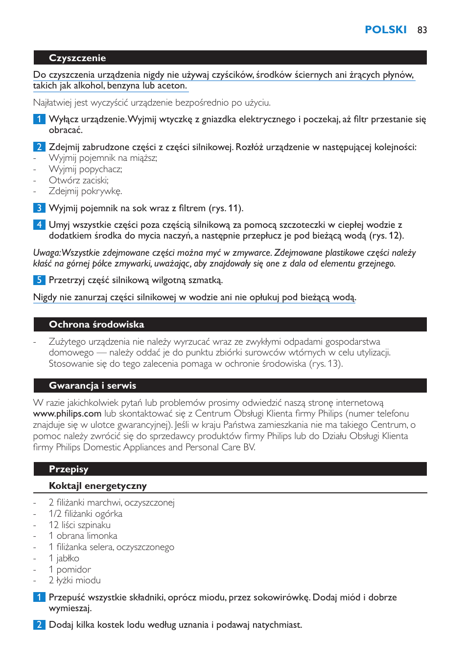 Czyszczenie, Ochrona środowiska, Gwarancja i serwis | Przepisy, Koktajl energetyczny | Philips HR1865 User Manual | Page 83 / 144