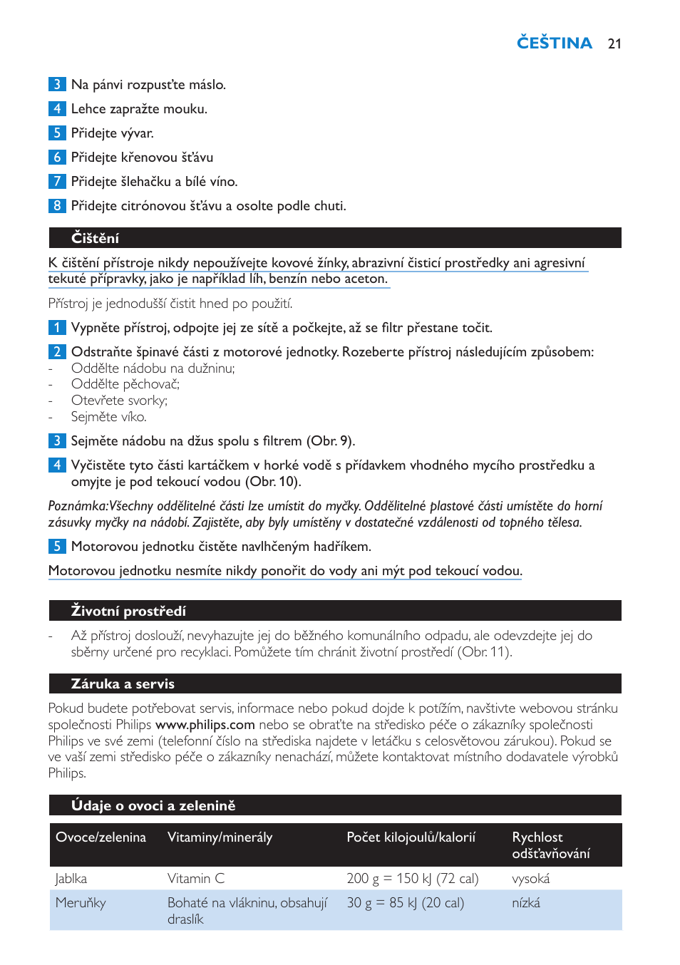 Čištění, Životní prostředí, Záruka a servis | Údaje o ovoci a zelenině | Philips HR1858 User Manual | Page 21 / 108