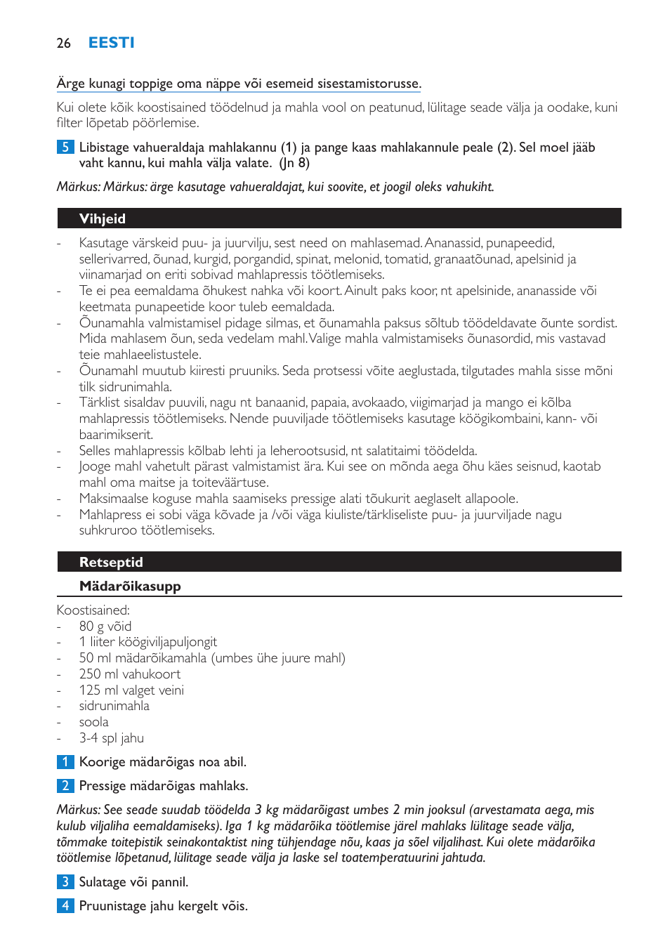 Vihjeid, Retseptid, Mädarõikasupp | Philips HR1858 User Manual | Page 26 / 108