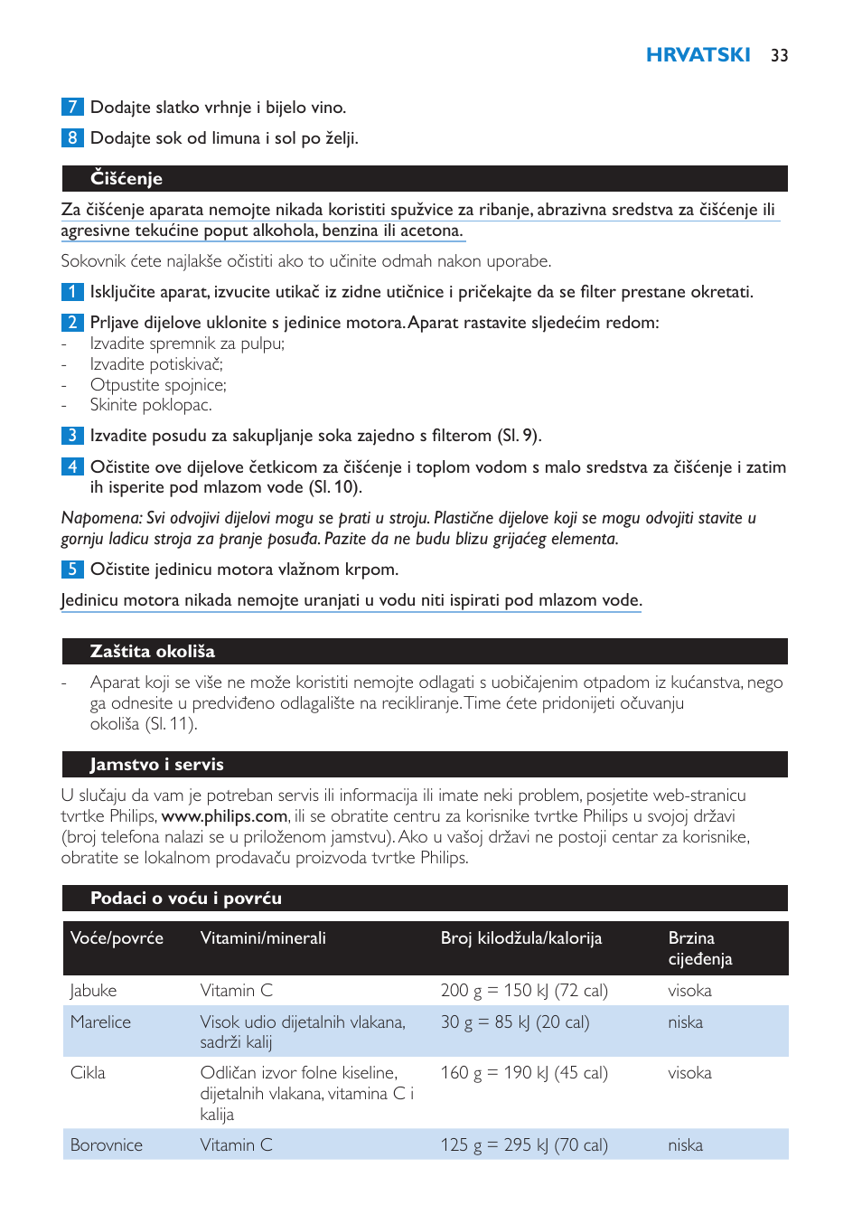 Čišćenje, Zaštita okoliša, Jamstvo i servis | Podaci o voću i povrću | Philips HR1858 User Manual | Page 33 / 108