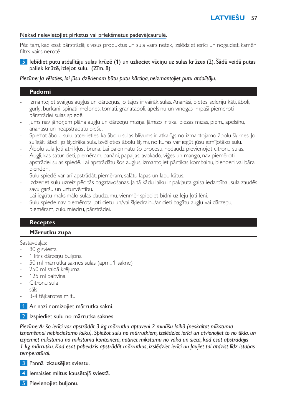 Padomi, Receptes, Mārrutku zupa | Philips HR1858 User Manual | Page 57 / 108