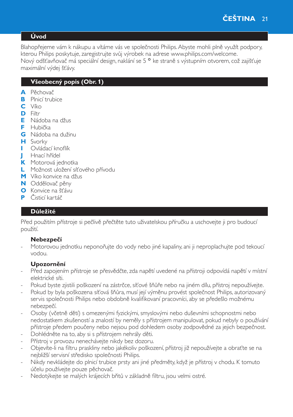 Čeština 21 | Philips HR1861 User Manual | Page 21 / 124