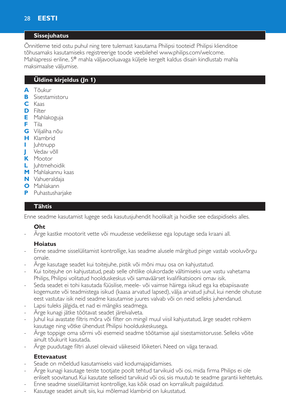 Eesti, Eesti 28 | Philips HR1861 User Manual | Page 28 / 124