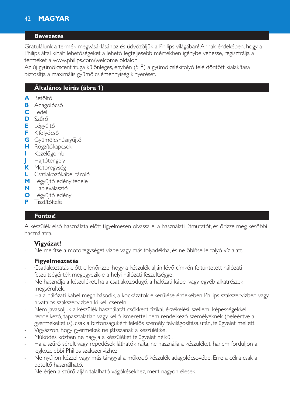 Magyar, Magyar 42 | Philips HR1861 User Manual | Page 42 / 124