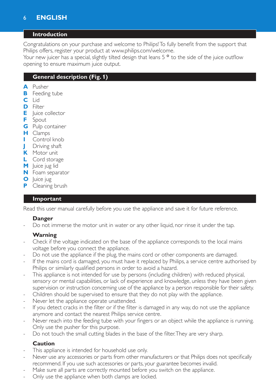 English, English 6 | Philips HR1861 User Manual | Page 6 / 124