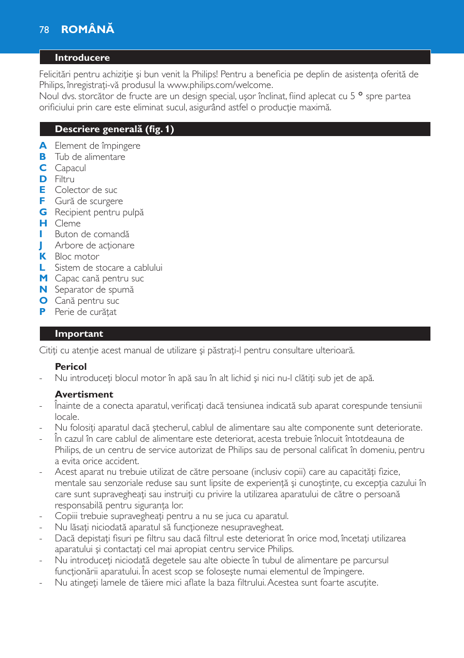 Română 78 | Philips HR1861 User Manual | Page 78 / 124