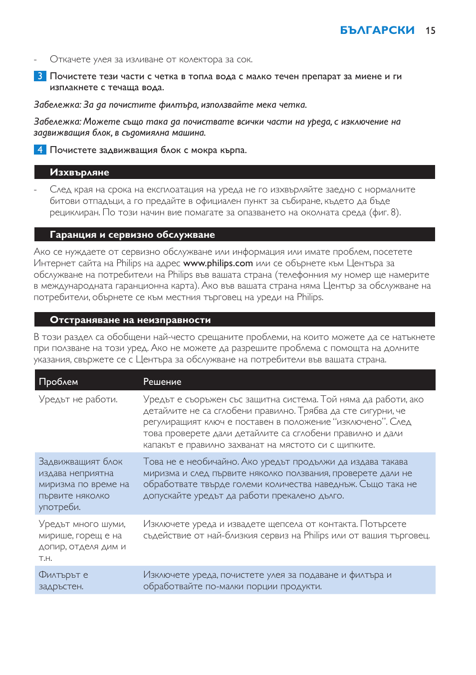 Изхвърляне, Гаранция и сервизно обслужване, Отстраняване на неизправности | Philips HR1854 User Manual | Page 15 / 92