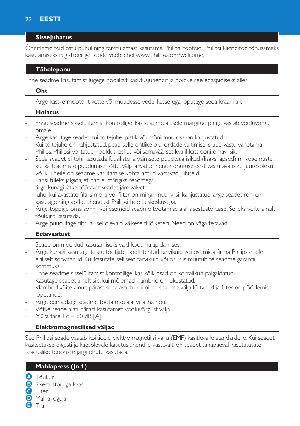 Eesti, Sissejuhatus, Tähelepanu | Hoiatus, Ettevaatust, Elektromagnetilised väljad, Mahlapress (jn 1) | Philips HR1854 User Manual | Page 22 / 92