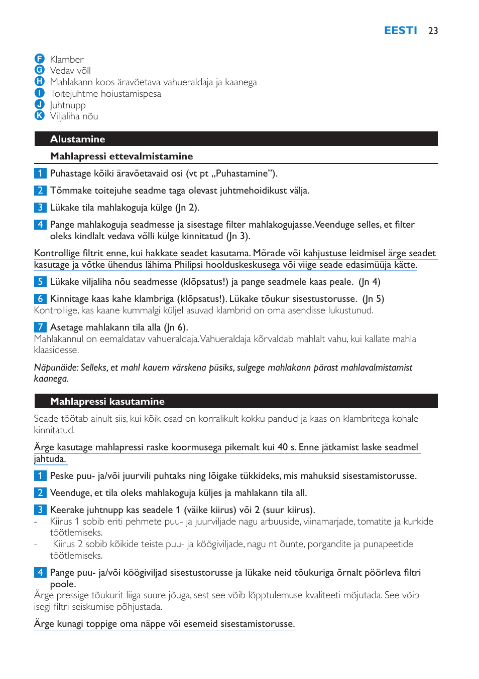 Alustamine, Mahlapressi ettevalmistamine, Mahlapressi kasutamine | Philips HR1854 User Manual | Page 23 / 92