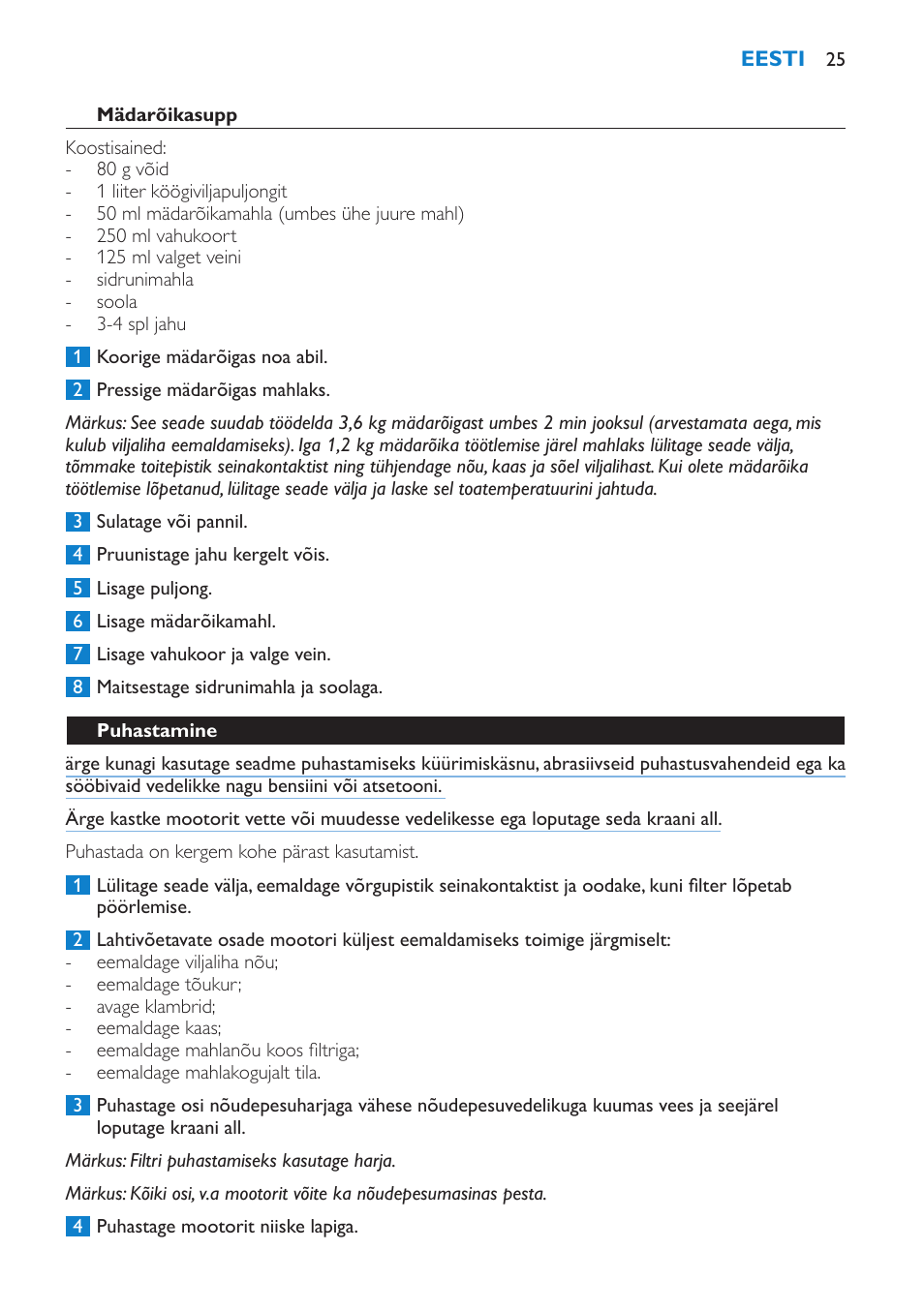 Puhastamine, Kasutusest kõrvaldamine, Garantii ja hooldus | Philips HR1854 User Manual | Page 25 / 92