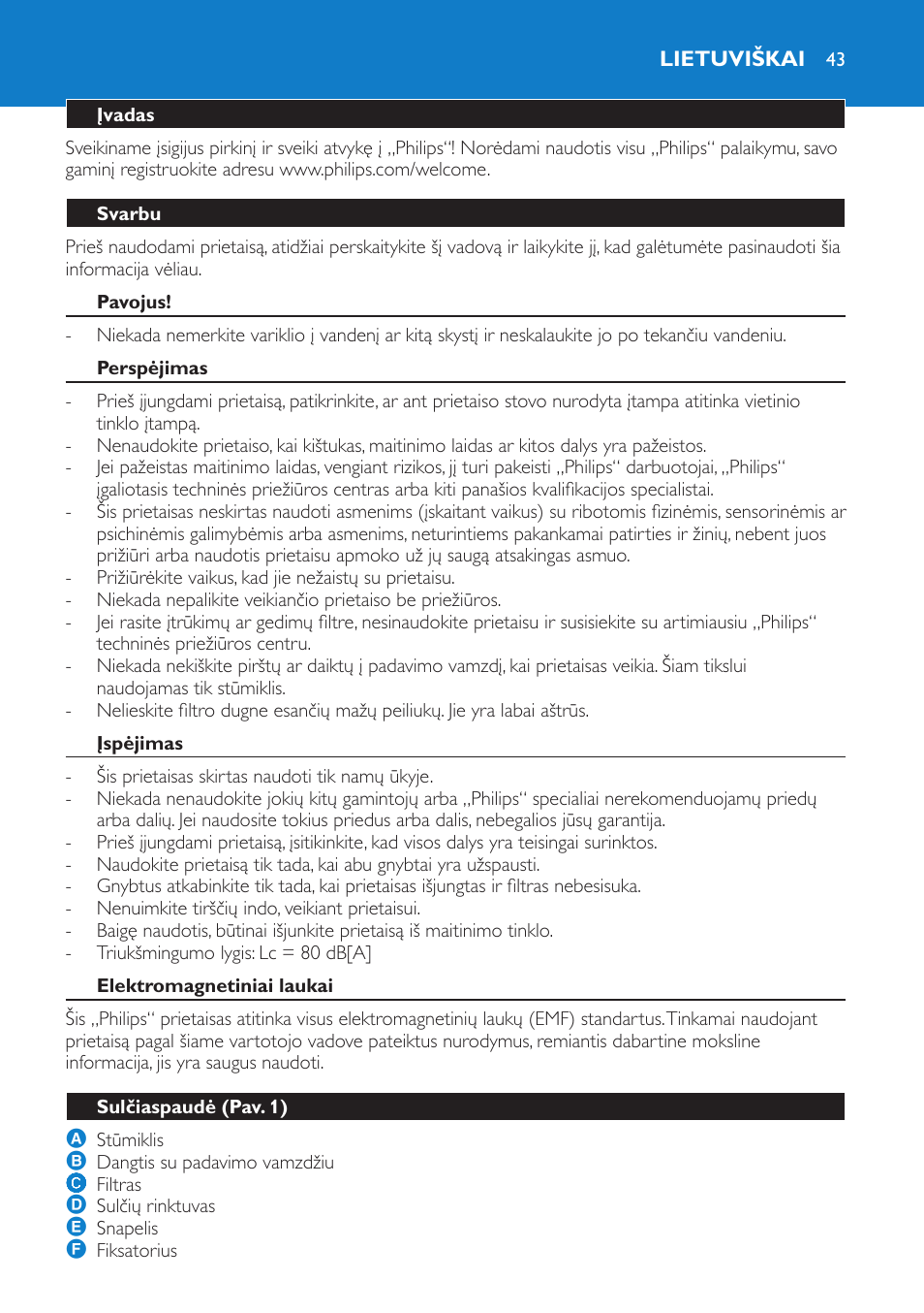 Lietuviškai, Įvadas, Svarbu | Pavojus, Perspėjimas, Įspėjimas, Elektromagnetiniai laukai, Sulčiaspaudė (pav. 1) | Philips HR1854 User Manual | Page 43 / 92