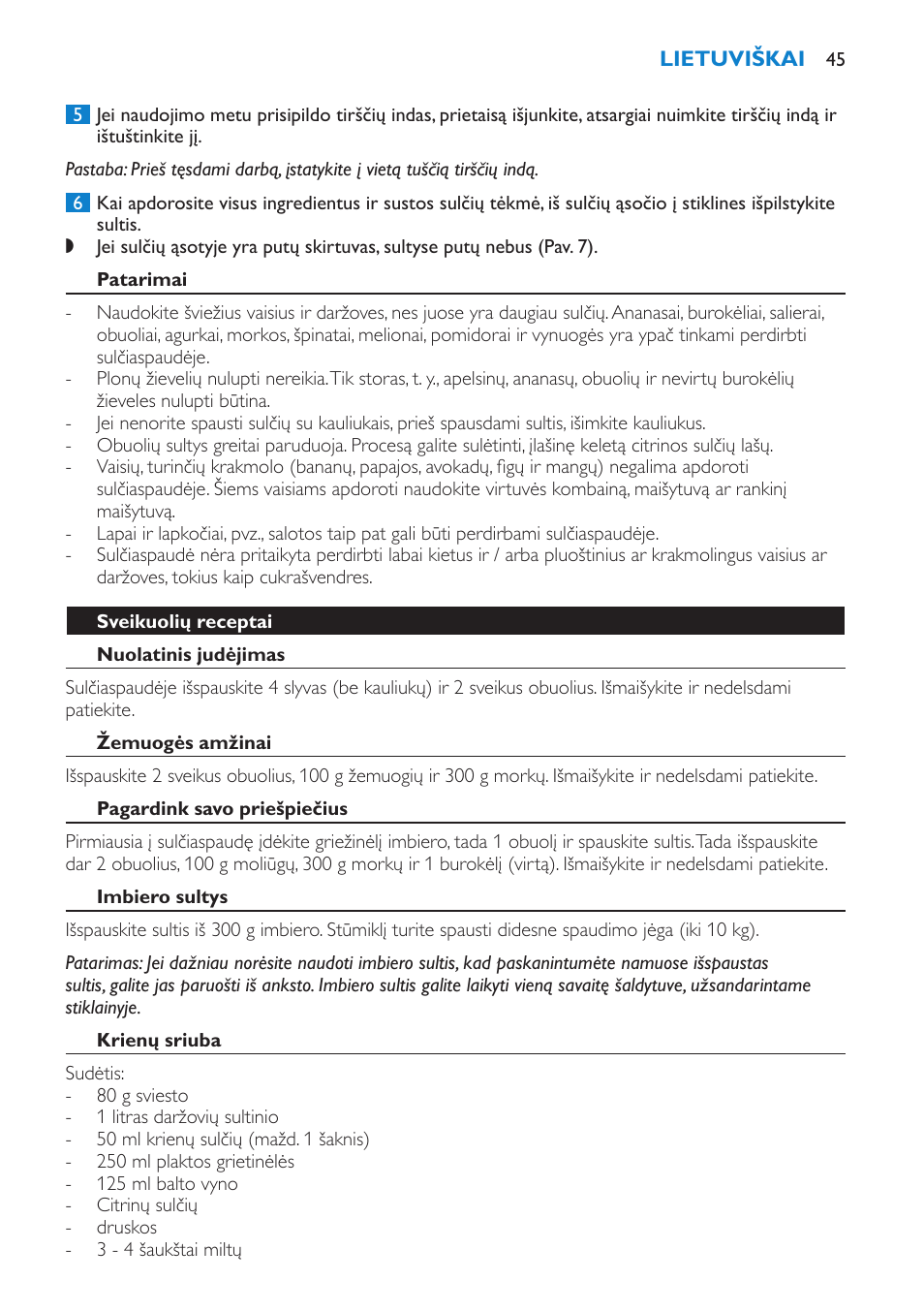 Patarimai, Sveikuolių receptai, Nuolatinis judėjimas | Žemuogės amžinai, Pagardink savo priešpiečius, Imbiero sultys, Krienų sriuba | Philips HR1854 User Manual | Page 45 / 92