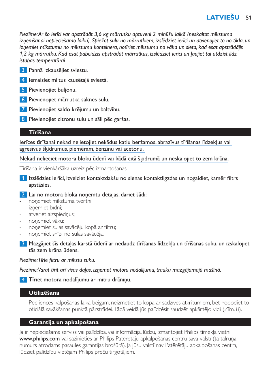 Tīrīšana, Utilizēšana, Garantija un apkalpošana | Kļūmju novēršana | Philips HR1854 User Manual | Page 51 / 92