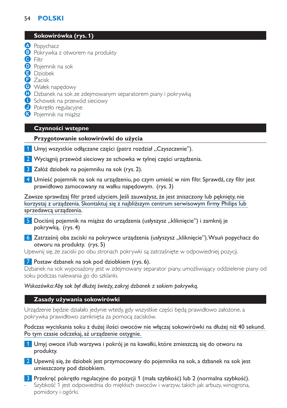 Sokowirówka (rys. 1), Czynności wstępne, Przygotowanie sokowirówki do użycia | Zasady używania sokowirówki | Philips HR1854 User Manual | Page 54 / 92