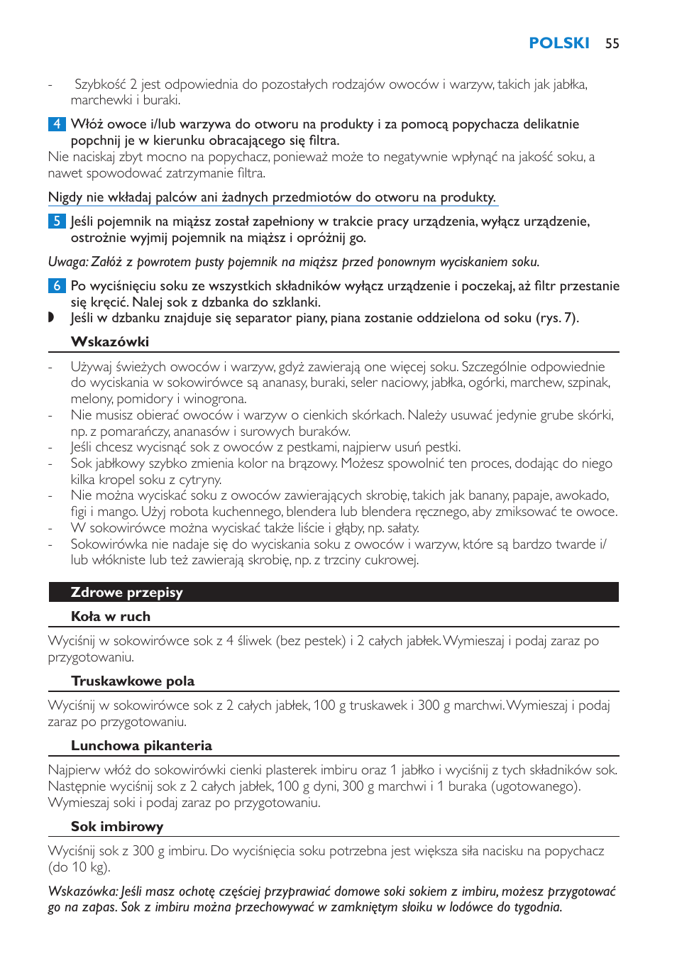 Wskazówki, Zdrowe przepisy, Koła w ruch | Truskawkowe pola, Lunchowa pikanteria, Sok imbirowy | Philips HR1854 User Manual | Page 55 / 92