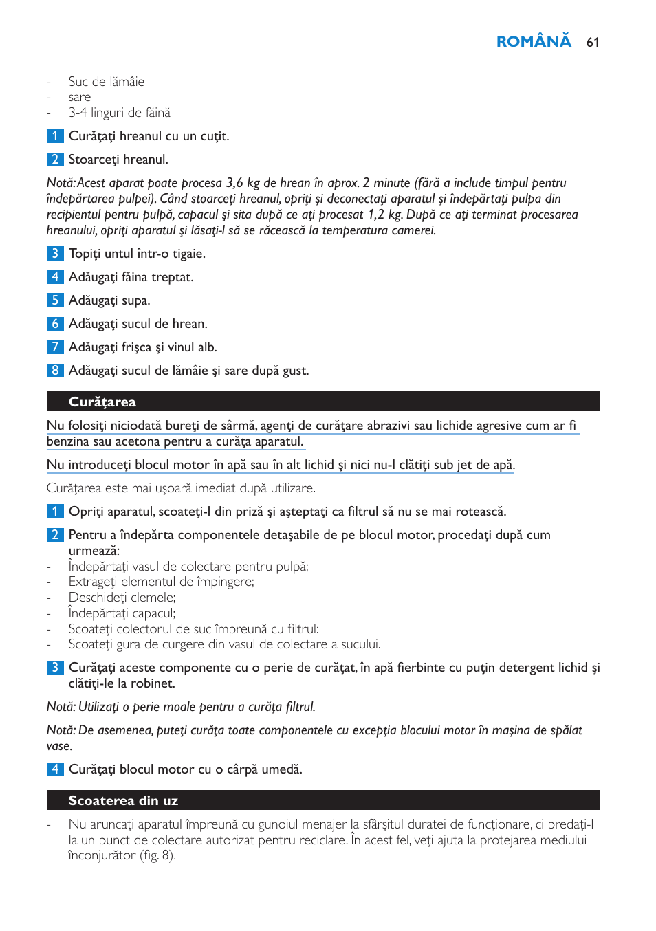 Curăţarea, Scoaterea din uz | Philips HR1854 User Manual | Page 61 / 92