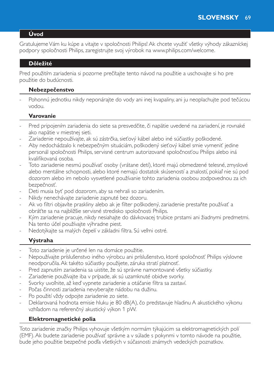 Slovensky, Úvod, Dôležité | Nebezpečenstvo, Varovanie, Výstraha, Elektromagnetické polia, Odšťavovač (obr. 1) | Philips HR1854 User Manual | Page 69 / 92