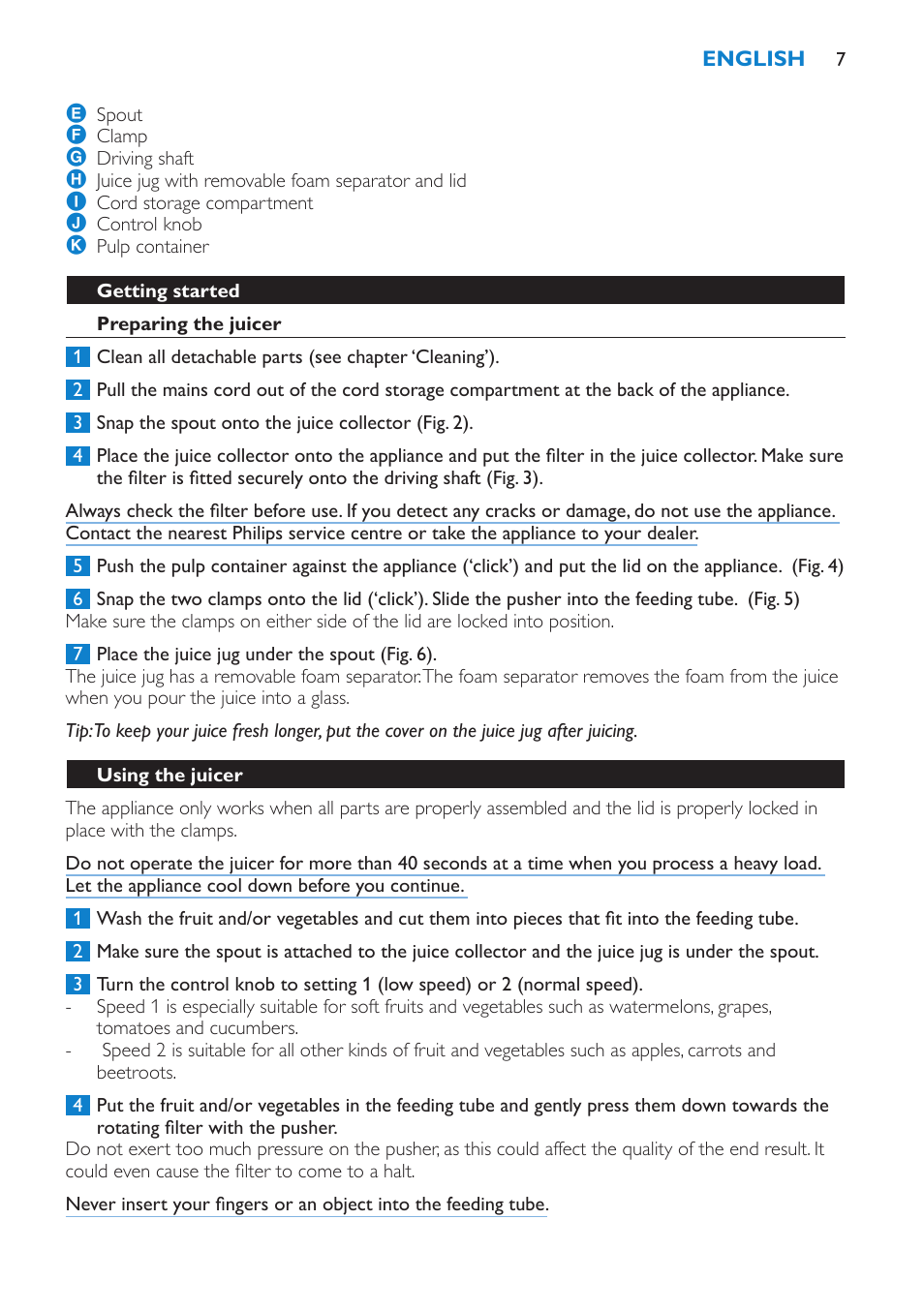 Getting started, Preparing the juicer, Using the juicer | Philips HR1854 User Manual | Page 7 / 92