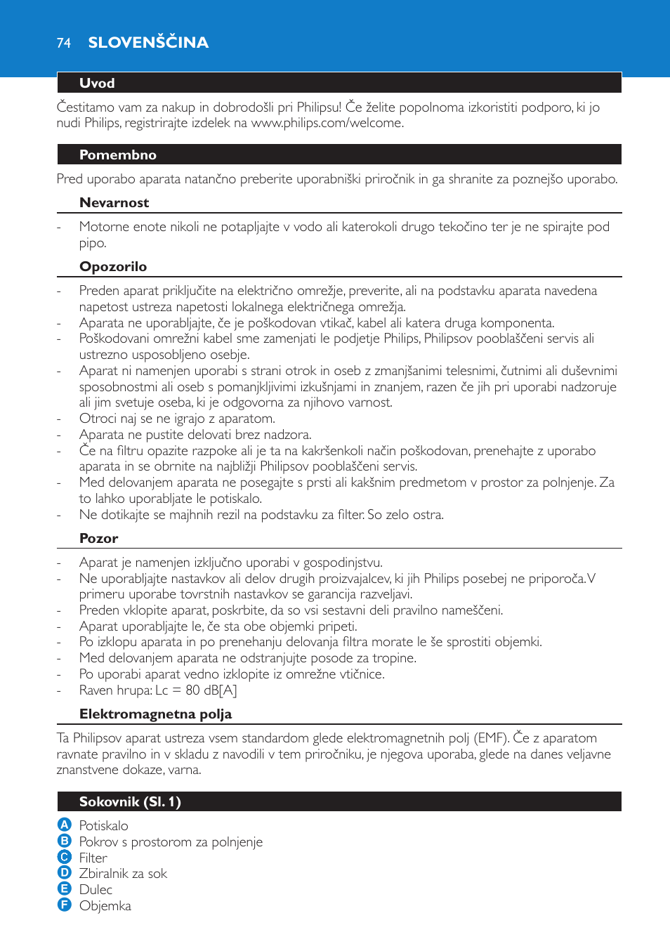 Slovenščina, Uvod, Pomembno | Nevarnost, Opozorilo, Pozor, Elektromagnetna polja, Sokovnik (sl. 1) | Philips HR1854 User Manual | Page 74 / 92