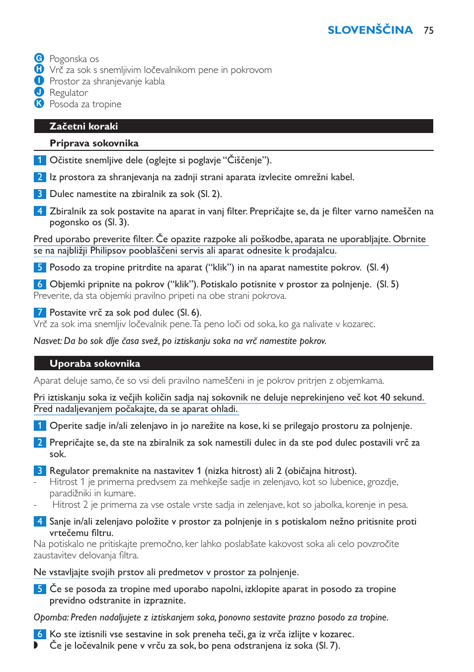 Začetni koraki, Priprava sokovnika, Uporaba sokovnika | Philips HR1854 User Manual | Page 75 / 92