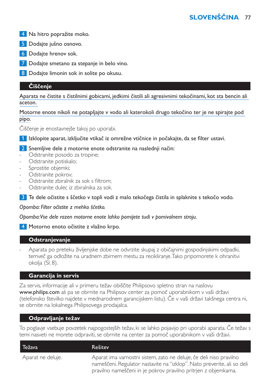 Čiščenje, Odstranjevanje, Garancija in servis | Odpravljanje težav | Philips HR1854 User Manual | Page 77 / 92