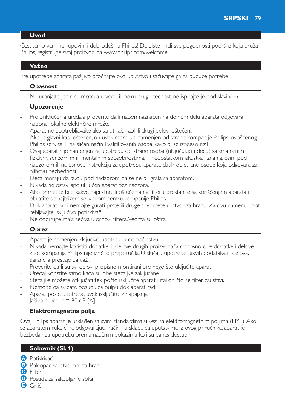 Srpski, Uvod, Važno | Opasnost, Upozorenje, Oprez, Elektromagnetna polja, Sokovnik (sl. 1) | Philips HR1854 User Manual | Page 79 / 92