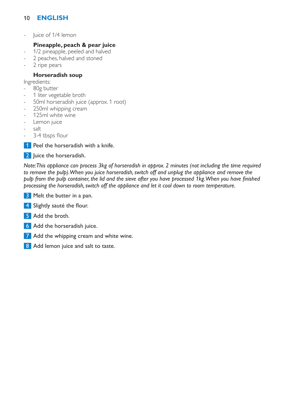 Pineapple, peach & pear juice, Horseradish soup, Troubleshooting | Philips HR1851 User Manual | Page 10 / 106