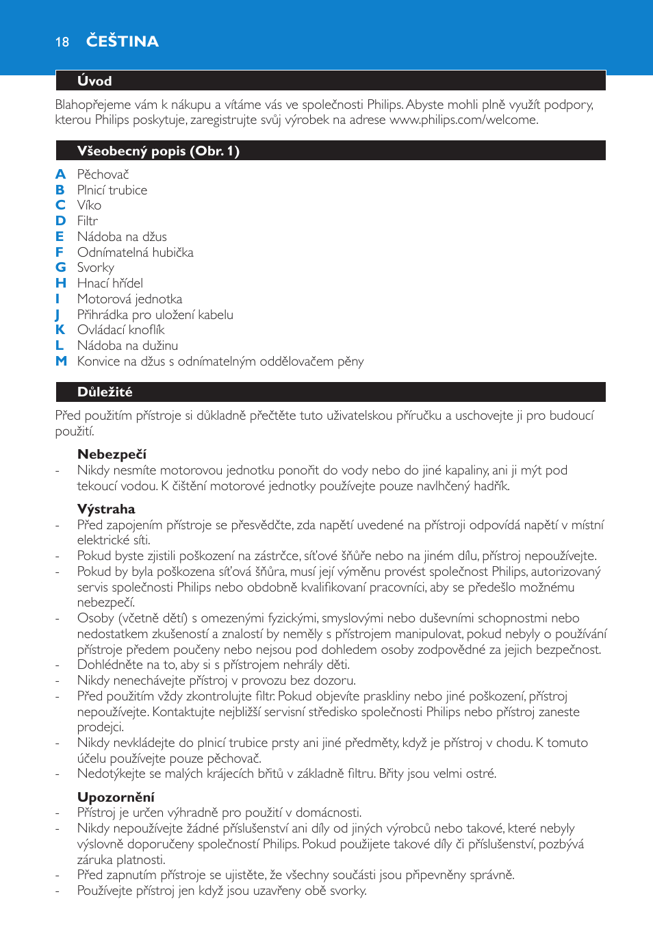 Čeština, Úvod, Všeobecný popis (obr. 1) | Důležité, Nebezpečí, Výstraha, Upozornění | Philips HR1851 User Manual | Page 18 / 106