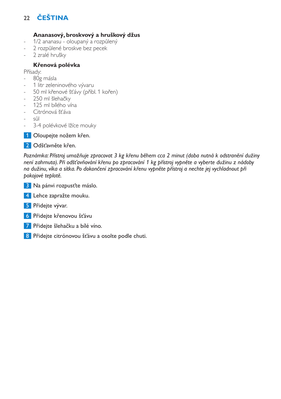 Křenová polévka, Odstraňování problémů | Philips HR1851 User Manual | Page 22 / 106